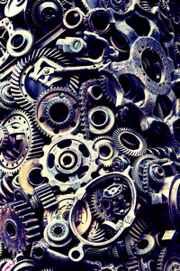 機械零件齒輪、蒸汽朋克齒輪、車輪、汽車零件堆、舊生銹的鐵鏈、彈簧、車輪關閉